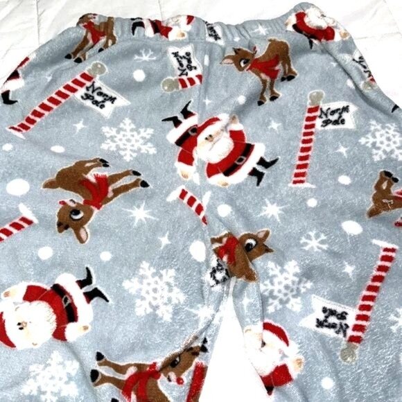 Rudolph Red-Nosed Reindeer Gray Fleece Pajama Pants Santa & Reindeer Print M - Picture 4 of 7